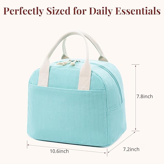 LOVELYWIND Insulated Lunch Bag for Women Men, Stylish Corduroy Tote Bag with Aluminum Lining, Large Capacity Reusable Cooler for Work, Travel, or Beach, Mint Green Lunch Box