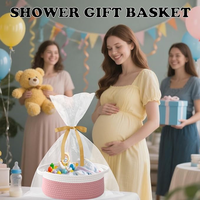 Small Woven Rope Basket-Empty Gifts Basket with Bag and Ribbons,Cute Handle Organizer Box for Birthday/Baby Shower, Toy Storage, Nursery Organizing & Shelf Decor(White&Pink)