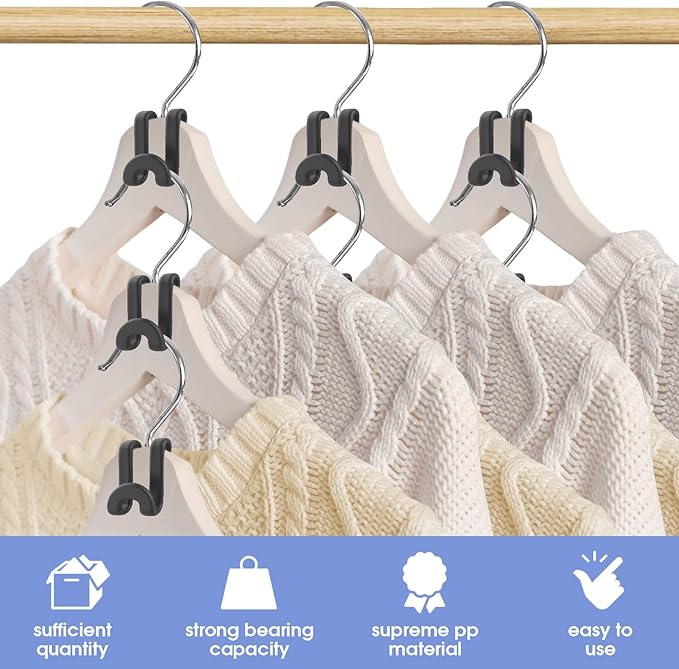 100Pcs Space Saving Hanger Hooks, Plastic Clothes Hanger Connector Hooks, Heavy Duty Space Saver Hanger Extender Clips for Closet Organizers, Black