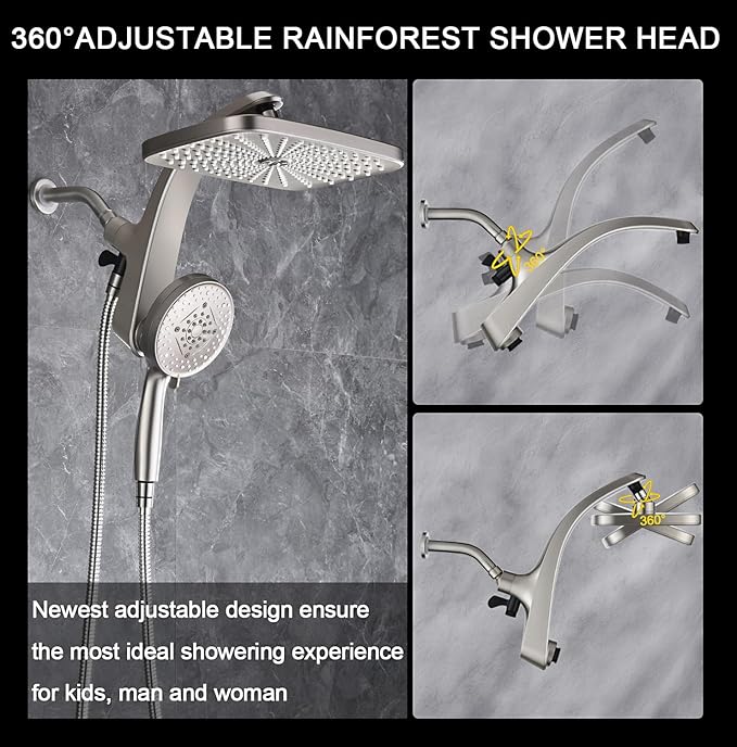 BOZYBO Rain Shower Head with Handheld: High Pressure Shower Heads with Handheld Spray Combo, 12" Rainfall Shower Head and 9 Sprays Hand Showerheads with Magnetic Docking and Power Jets, Nickel 2.5GPM