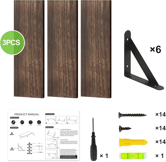Fixwal Wall Shelves Floating Shelves for Wall Bedroom Bathroom Living Room Kitchen Storage and Decor(Brown, Set of 3, 16.5 Inch)