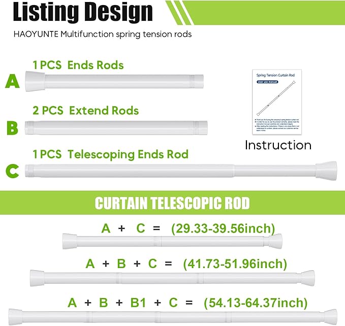 Tension Curtain Rod 2 Pack 30-64 Inch Curtain Rods No Drilling White Tension Spring Rod Adjustable Curtain Rod Expandable Pressure shower Rod for Windows Closet Doorway