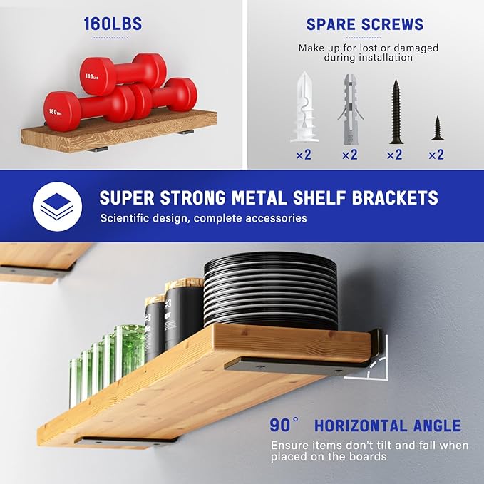 Goovilla Shelf Bracket, Heavy Duty Floating Shelf Brackets 4 inch Long, 4 Pack Brackets for Shelves, Black Coated Metal Wall Shelf Support Brackets with 1/5 Inch Thick and 160 lb. Load Capacity