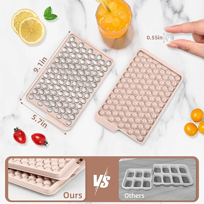 WIBIMEN Mini Ice Cube Trays, 0.55” Tiny Pebble Ice for Iced Coffee & Cocktails, Fast Chill, Easy Twist Release, Stackable with Lid & Storage Bin (4 Pack, Pink)