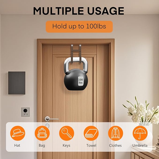 FYY Over The Door Hooks - 2 Pack Heavy Duty Double-Hanger Organizer for Bathroom Bedroom Dorm, Hanging Clothes Towels Hats Bags Ironing Board Wreath Robe - Fits Interior Doors Up to 1 3/8" Brown