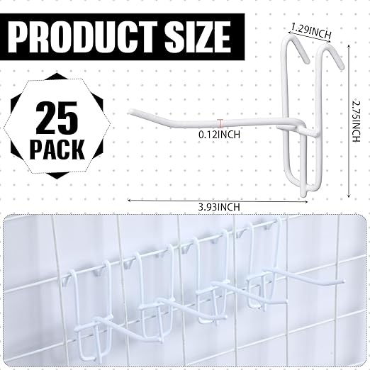 Moxweyeni 4 Inch Grid Wall Hooks 25 Pcs Gridwall Panel Hooks Store Garage Wall Mount Organizers Storage Grid Display Hangers for Retail, Craft Show, Home Setup, Customized Display (White)