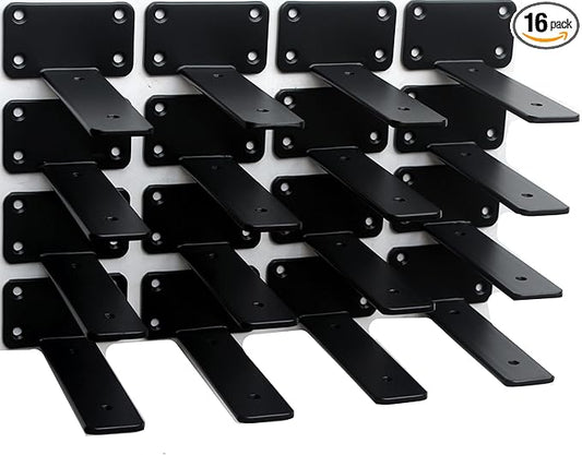 16 Pack - 5 inch Black Hidden L Shelf Bracket (1/5 Inch Thicked) Iron Floating Shelf Brackets Rustic Industrial Metal Brackets for Shelf Support