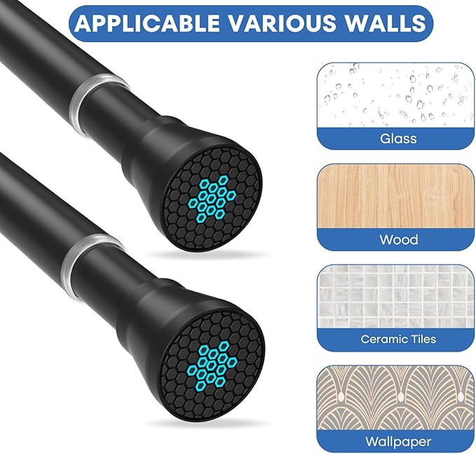 Shower Curtain Rod 2 Pack Adjustable Curtain Rods 30-64 Inch Black Shower Curtain Rods no Drilling Expandable Tension Spring Rod for Bathroom Closet Doorway Door