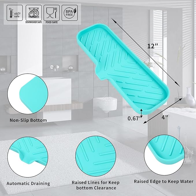 MicoYang Silicone Soap Dish with Drain Spout — Self-Draining Double Sink Organizer Tray for Kitchen & Bathroom, Dispensers, Sponges & Soap Holder, Non-Slip & Dishwasher Safe, Mint (Large, 12"×4")