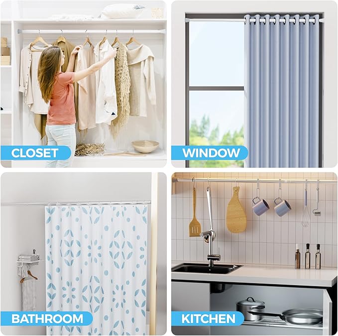 Tension Rods 30 to 64 Inches Shower Tension Rod 2PCS, Tension Curtain Rods Spring Curtain Rod Silver Tension Rod Spring Loaded Curtain Rods Adjustable Tension Curtain Rod for Window, Doorway