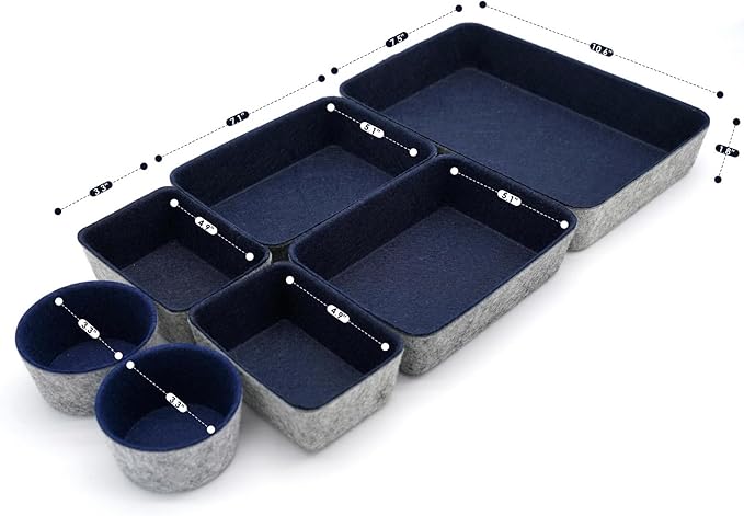 Welaxy Desk Drawer organizer felt trays desktop storage bins dividers for office supplies Nightstand sort catchall entryway key holder decluttering 7-piece (Navy)