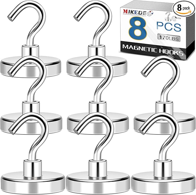 MIKEDE Magnetic Hooks Heavy Duty, 170LB+ Strong Neodymium Magnets for Refrigerator, Large Magnetic Hooks for Hanging, Magnets with Hooks Cruise Ship Essentials for Kitchen, Workplace - 8 Pack