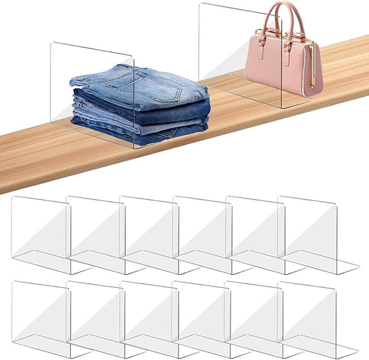 OKPOW Shelf Dividers for Closet Organization – Keep Sweaters & Purses Upright, Clear Acrylic Separators for Most Wood Shelves & Pantry, Damage-Free, Sturdy & Tall (10" x 12", 12 Pack)