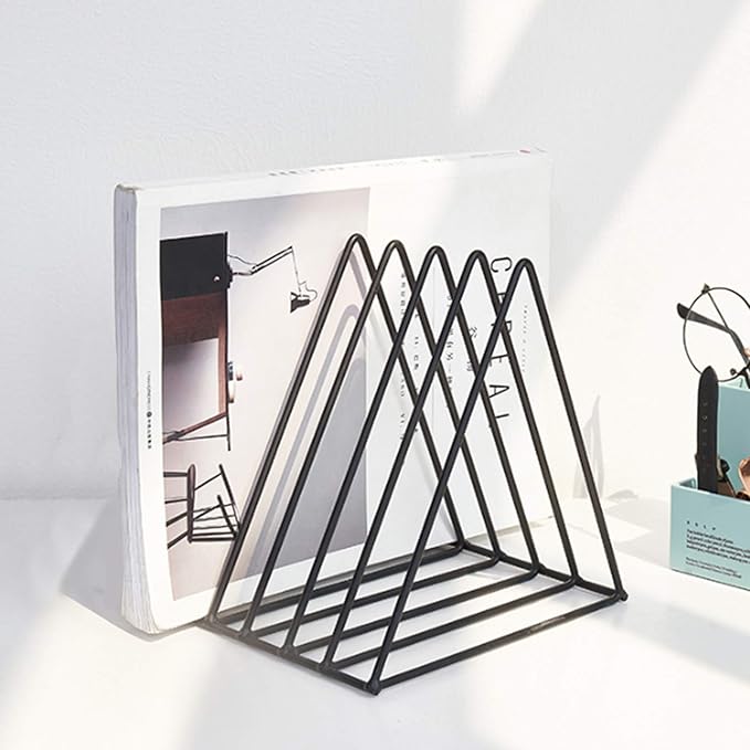 QPEY Triangle File Holder,5 Slot Metal Vinyl Record Stand Holder Magazine Newspaper Holder Photography Props for Office Home 1 Pc (black)