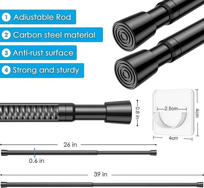 2Pack Tension Curtain Rod 26-39 inch Spring Tension Rod Black Curtain Rod Adjustable Spring Rod Extendable Tension Rod for Kitchen, Bathroom, Window, Bookshelf,Closet.