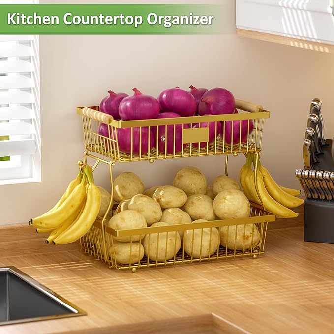 2 Tier Fruit Basket for Kitchen Counter with 2 Banana Hangers, Countertop Metal Fruit Bowl with Wooden Handle, Large Storage Stand for Vegetables, Snacks, Breads, Produce Storage – rose gold