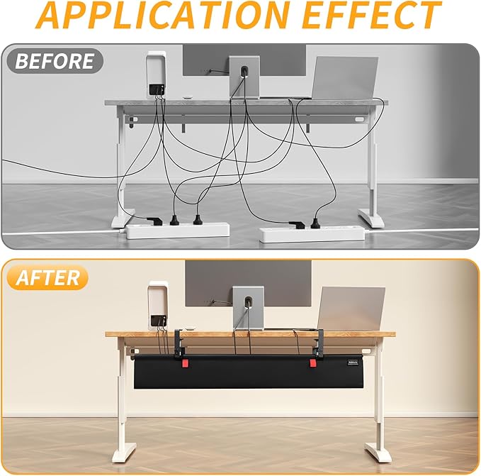 No Drill Under Desk Cable Management Tray, 36" Cord Organizer with Clamp, Fabric Cable Management for Standing Desks, Ideal for Home & Office - Black