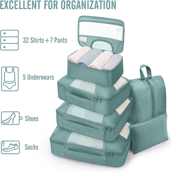 Veken 8 Set Packing Cubes for Travel Essentials, Suitcase Organizer Bags in 4 Sizes, Carry-On Luggage Accessories with Large Laundry & Shoes Bag, Must-Have for Airplane, Road Trip & Camping