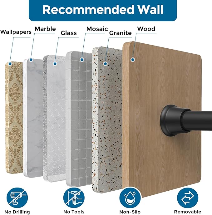 AIZESI Black Adjustable Tension Curtain Rod, 31-63 Inch Spring No Drill Stainless Steel Shower Rods for Bathroom，Closet ，Window–Rust Resistant，Non-Slip