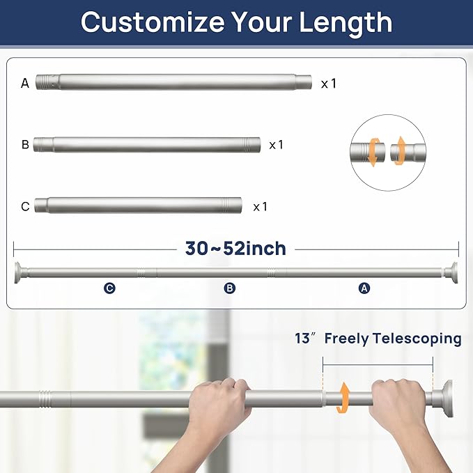 ENJOYBASICS Shower Curtain Rod 30 to 52 Inches, Stainless Steel Adjustable Spring Tension Rods No Drill for Bathroom, Closet, Window, Room Divider, Never Rust, Non Slip, Nickel