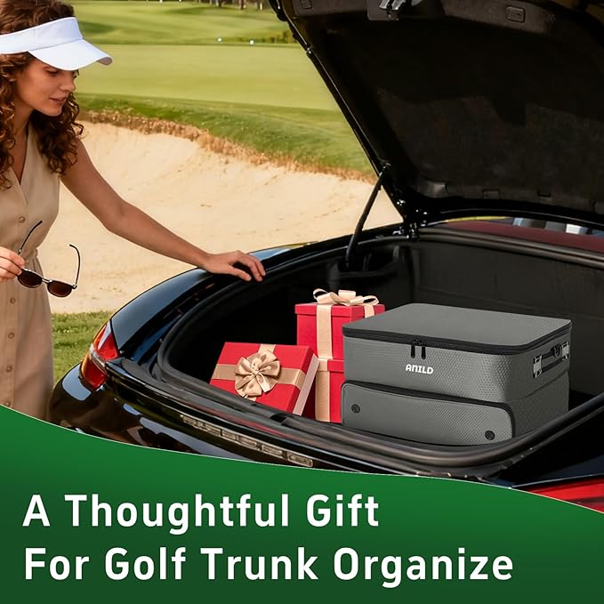 ANILD Golf Trunk Organizer, 2 Layer Golf Storage Case with Separate Ventilated Compartment for 2 Pair Shoes, for Balls, Tees, Clothes, Gloves, Accessories, Golfer Gifts