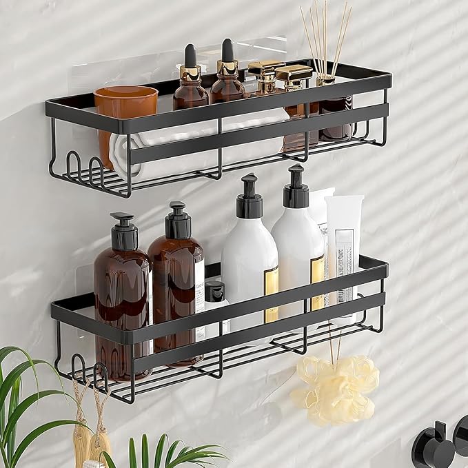 WOWBOX Shower Caddies 2 Pack - Adhesive Hanging Shower Shelf - Bathroom & Kitchen Organizers and Storage, No Drilling Stainless Shower Shelves for Home Decor Storage (Large), Black
