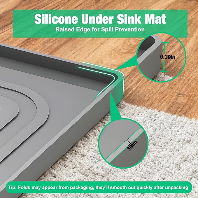 Aisslro Under Sink Mat 34" X 22", Waterproof Silicone Cabinet Protector with Raised Edge, Kitchen & Bathroom Leak Tray, Shelf Liner & Pet Feeding Mat for Dog Food Mats, Gray