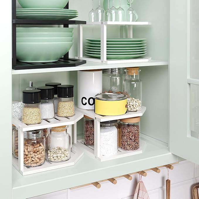 Bamboo Corner Shelf(3 Pack),2 Tier Plate Organizer for Cabinet and Countertop,Pantry Dish and Spice Rack for Kitchen(White)