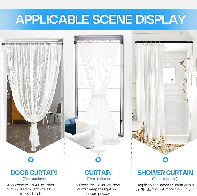 2 Pack Spring Tension Rods 28-49 Inches, 7/8 Inch Diameter Black No Drill Spring Loaded Adjustable Extendable, Small Short Tension Curtain Rod for Windows Kitchen Doorway Closet Cupboard
