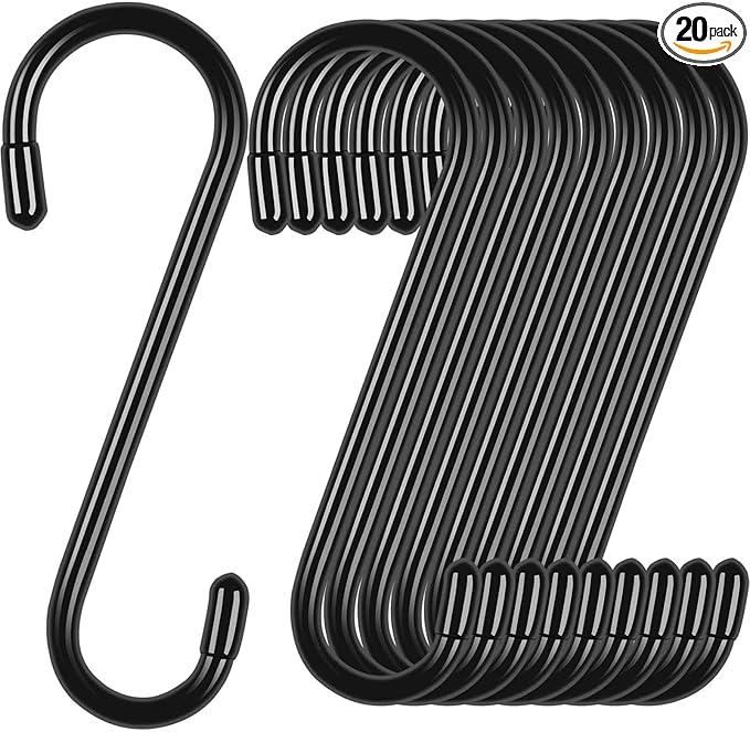 KEYBOO 20 Pack 6 Inch Vinyl Coated Black S Hook, Large S Hook for Hanging Heavy Duty, Non Slip S Shaped Closet Hooks, Metal S Hooks for Hanging Jeans, Potting Trays, Clothes, Bags, Plants