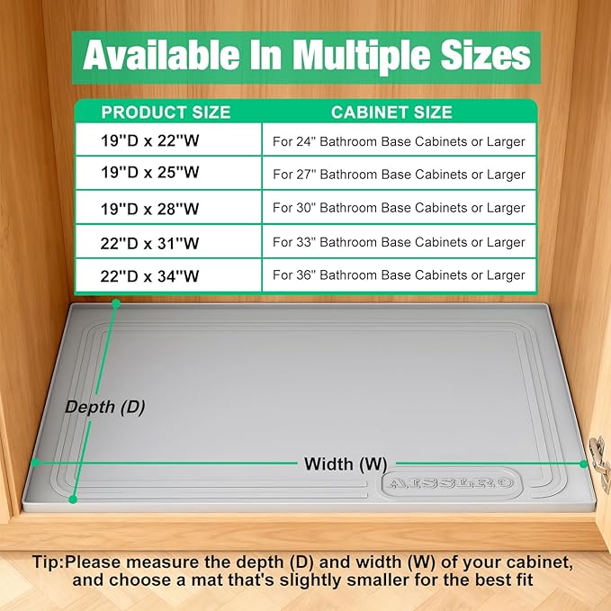 Aisslro Under Sink Mat 22" X 19", Waterproof Silicone Cabinet Protector with Raised Edge, Kitchen & Bathroom Leak Tray, Shelf Liner & Pet Feeding Mat for Dog Cat Food Mats, Light Gray