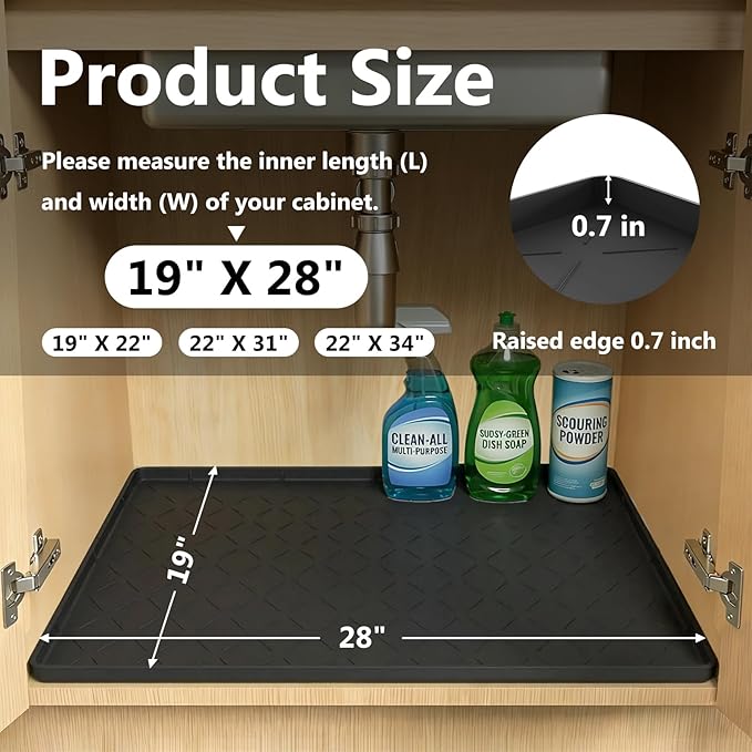 Mateeylife Under Sink Mats for Kitchen Waterproof 28"X19", Undersink Protectors，Silicone Mat Cabinet Liner, Under Sink Organizer for Bathroom and Kitchen，Boot Tray Pet Food Mat, Classic Black