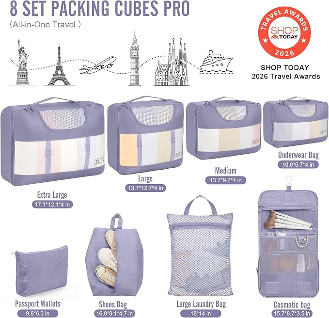 Veken 8 Set Packing Cubes for Travel Essentials, Suitcase Organizer Bags in 4 Sizes, Carry-On Luggage Accessories with Large Laundry & Shoes Bag, Must-Have for Airplane, Road Trip & Camping