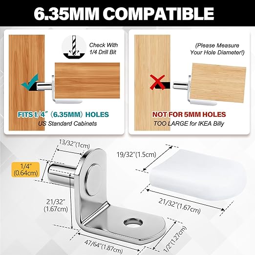 24 Pack Shelf Pegs 1/4 Inch (6.35mm) with Storage Box, L-Shaped Pins with Anti-Slip Caps, Heavy Duty Replacement for Kitchen Pantry, Bookshelf, Glass Shelves & US-Standard Cabinets