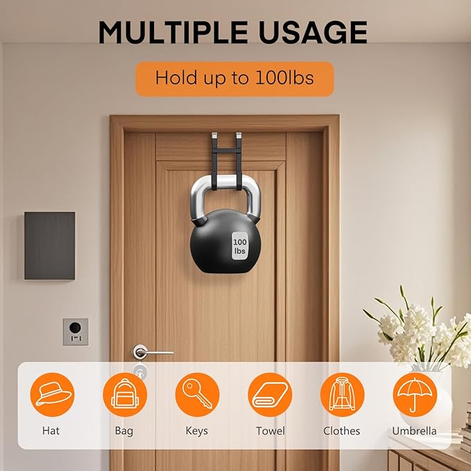 FYY Over The Door Hooks - 4 Pack Heavy Duty Double-Hanger Organizer for Bathroom Bedroom Dorm, Hanging Clothes Towels Hats Bags Ironing Board Wreath Robe - Fits Interior Doors Up to 1 3/8" Black
