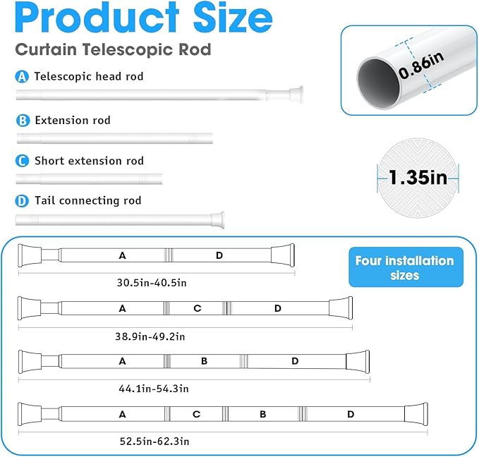 1Pack White Tension Curtain Rods 31 to 62 Inch Small Curtain Rods No Drilling Short Tension Rod Adjustable Spring Curtain Rod for Windows Door Closet Pressure Rod