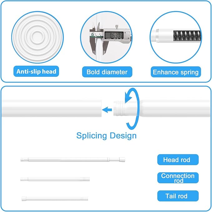 2 Pack Spring Tension Rods 33-59 Inches, 5/8 Inch Diameter White No Drill Spring Loaded Adjustable Extendable, Small Short Tension Curtain Rod for Windows Kitchen Doorway Closet Cupboard