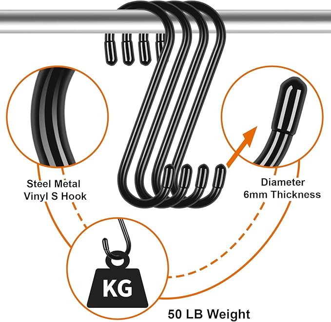 KEYBOO 20 Pack 6 Inch Vinyl Coated Black S Hook, Large S Hook for Hanging Heavy Duty, Non Slip S Shaped Closet Hooks, Metal S Hooks for Hanging Jeans, Potting Trays, Clothes, Bags, Plants