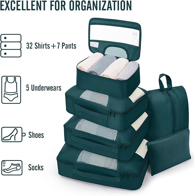 Veken 8 Set Packing Cubes for Travel Essentials, Suitcase Organizer Bags in 4 Sizes, Carry-On Luggage Accessories with Large Laundry & Shoes Bag, Must-Have for Airplane, Road Trip & Camping