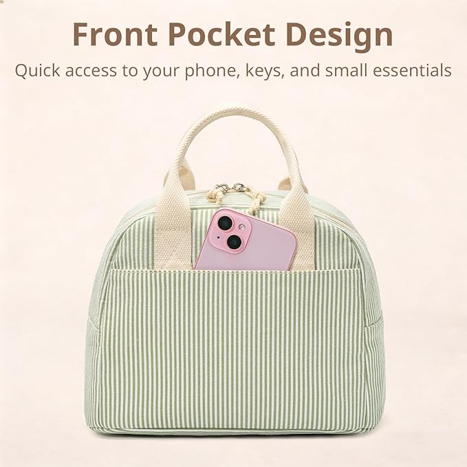 LOVELYWIND Insulated Lunch Bag for Women, Reusable Green Striped Lunch Box Cooler Bag with Large Capacity, Durable Lunch Tote for Work