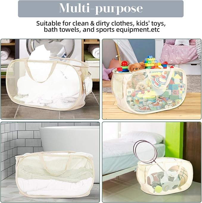 4 Pcs Durable Collapsible Laundry Baskets, Foldable Large Opening Pop Up Laundry Hamper with Pocket, Clothes Hamper with Handles for Laundry, Bathroom, Kids Room, Dorm or Travel Beige