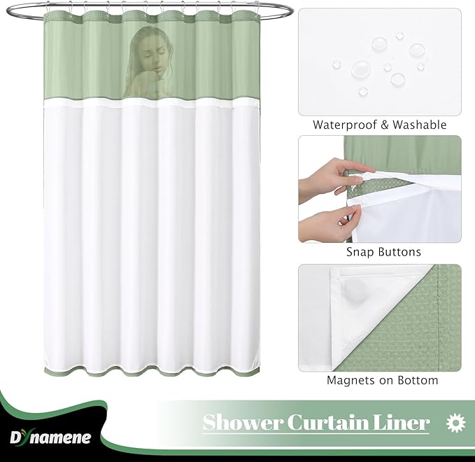 Dynamene 78 Inch Long Shower Curtain, Tall Waffle Fabric Shower Curtains for Bathroom, Hotel Waterproof Cloth Shower Curtain Liner Set with Hooks, Snap in Liner, Mesh Top Window, Sage Green, 72x78