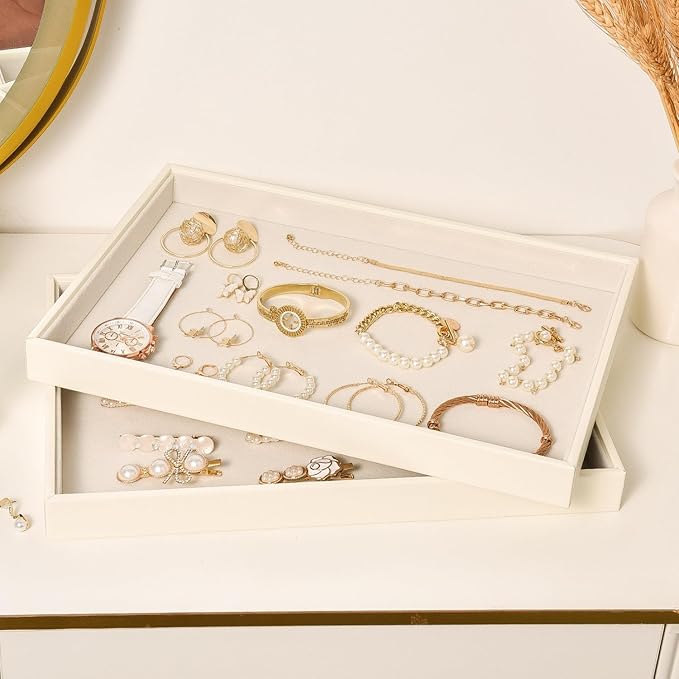 Beige Velvet Jewelry Tray for Drawers Black Jewelrys Display Tray Stackable Jewelry Organizer Trays for Necklace Bracelet Ring Watch (2 Pack)