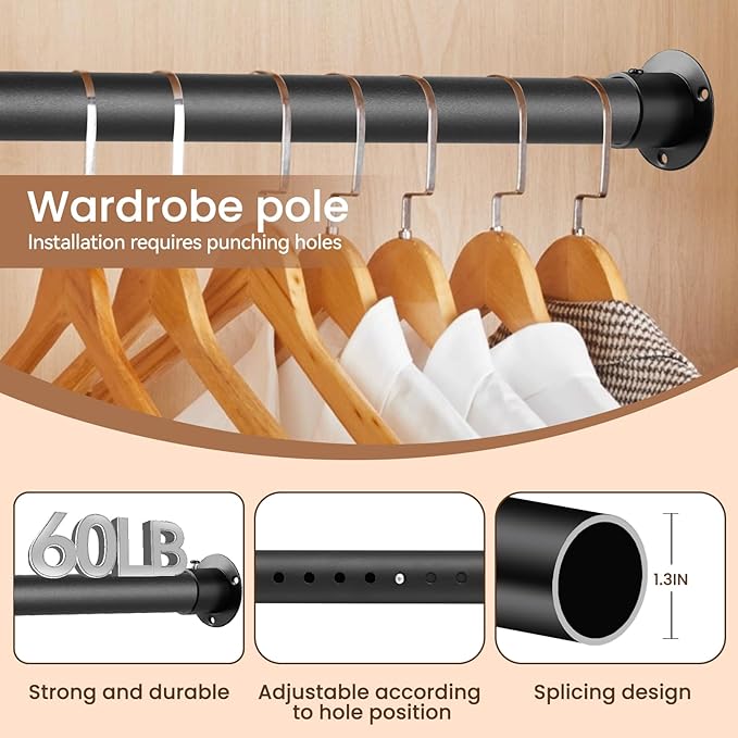 Metal Black Closet Rods for Hanging Clothes, 1.3 Inch Diameter Heavy Duty Closet Rod 17-51 Inch Adjustable Clothes Hanging Bar Shower Curtain Rods for Closet, Wardrobes, Bathroom, Windows