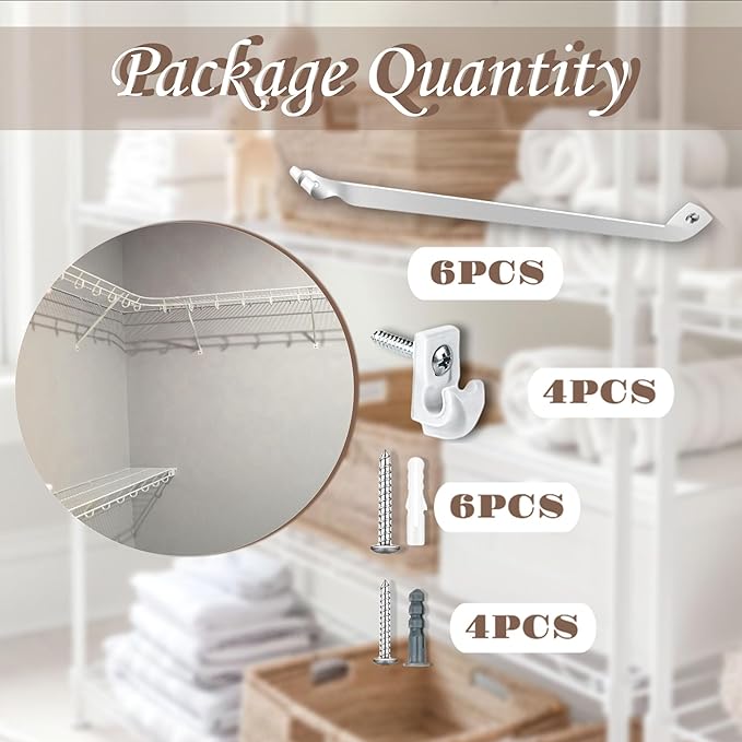 6PCS 12 Inch Wire Shelf Brackets, Heavy Duty Wire Shelving Support Brackets, Closet Rack Support with 4 PCS Wire Shelf Clips, Closet Wire Shelf Support Brackets for Laundry, Closet, Garage