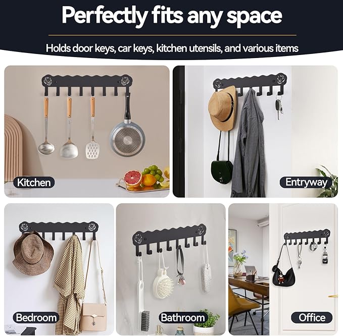 2-Pack Premium Iron Key Holder for Wall – Large Capacity & Multi-Functional, Dual Installation: Wall Mount & Adhesive, 8 Hooks Key Rack for Entryway, Kitchen, Bathroom, Office