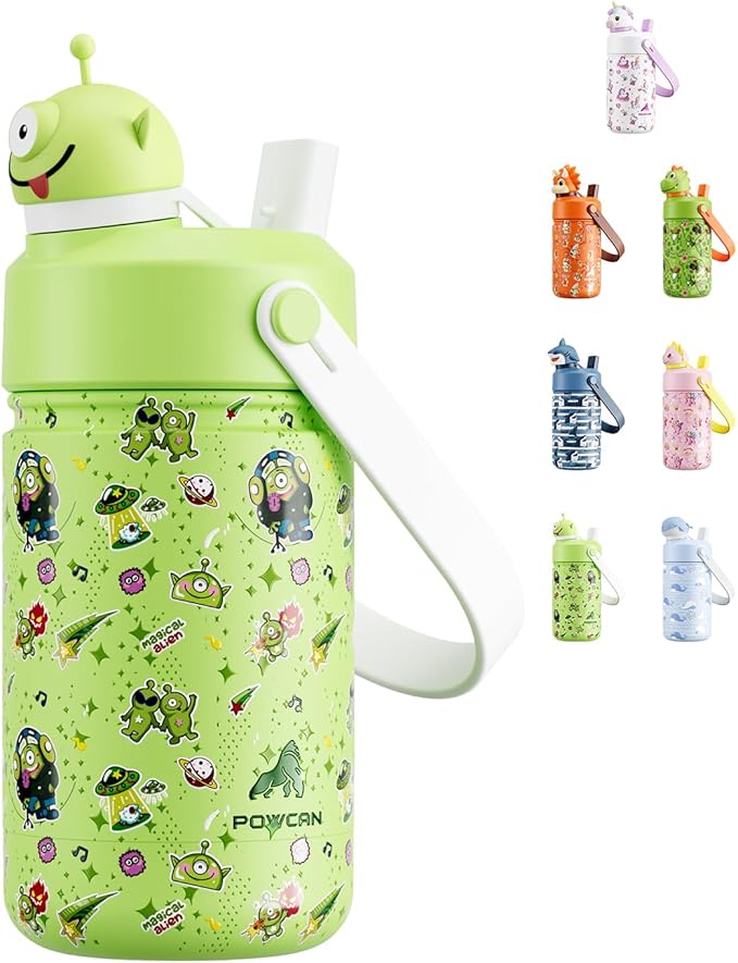 POWCAN 12 oz Insulated Water Bottle for School: 2-in-1 Straw Spout Lid with Soft Animal Head, BPA-Free, Leakproof, Keep Cold 24H, Easy Carry, Stainless Steel Cup for Boys, Girls, Kids (Alien Party)