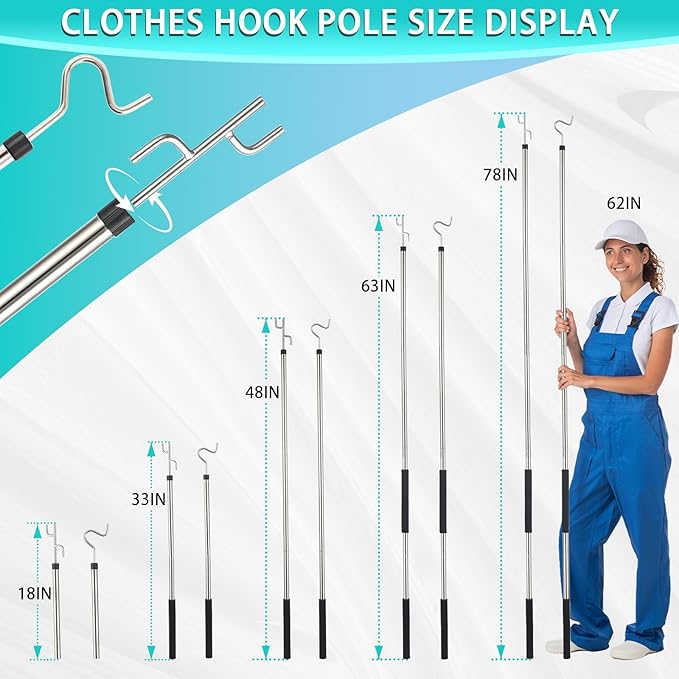 Clothes Hook Pole for Closet,32 to 80In Truck Cargo Recovery Bar Long Handle with 2 Hooks Hanging Birdfeeder and Wind Chime Stainless Steel Tube for Home Outdoor Decorations (Black)