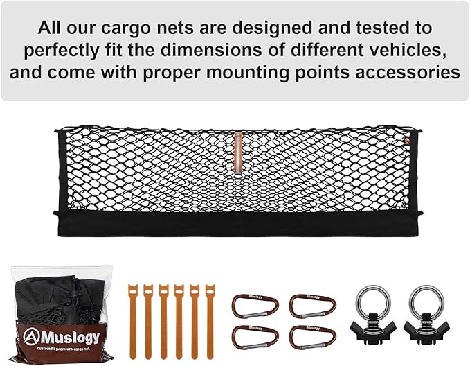 Muslogy Truck Bed Cargo Net Trunk Netting Compatible with 2015+ Ford F150 & 2017+ F250/F350/F450 (Snap-in Tie Down) Accessories, Pickup Cargo Organizer SUV Sedan Storage Net w/Heavy Duty Carabiners