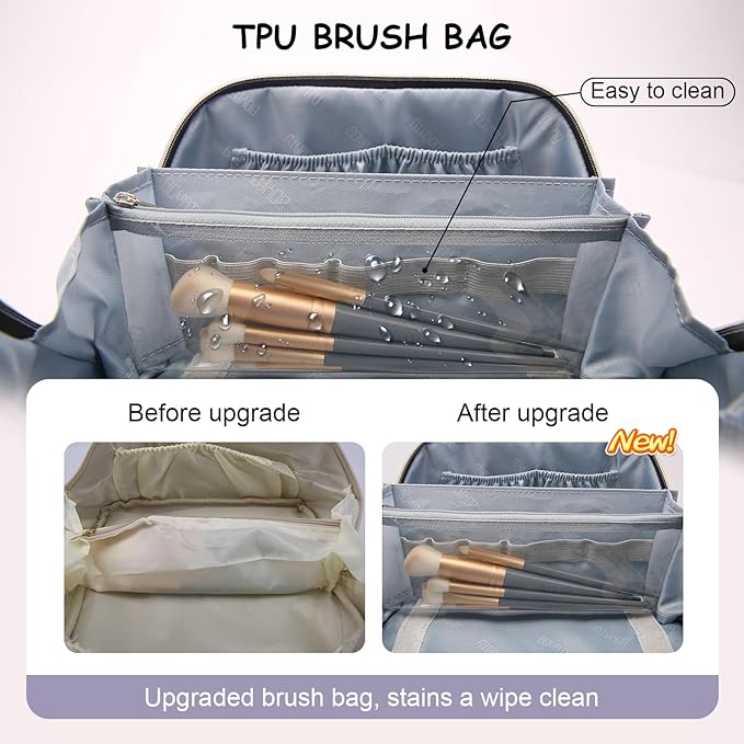 Travel Makeup Bags Organizer for Women: 3 Pcs Set Cosmetic Bag - Large Make up Bag with Compartments - Flat Open Waterproof Leather Toiletry Bags for Skincare, Brushes & Travel Essentials - Purple
